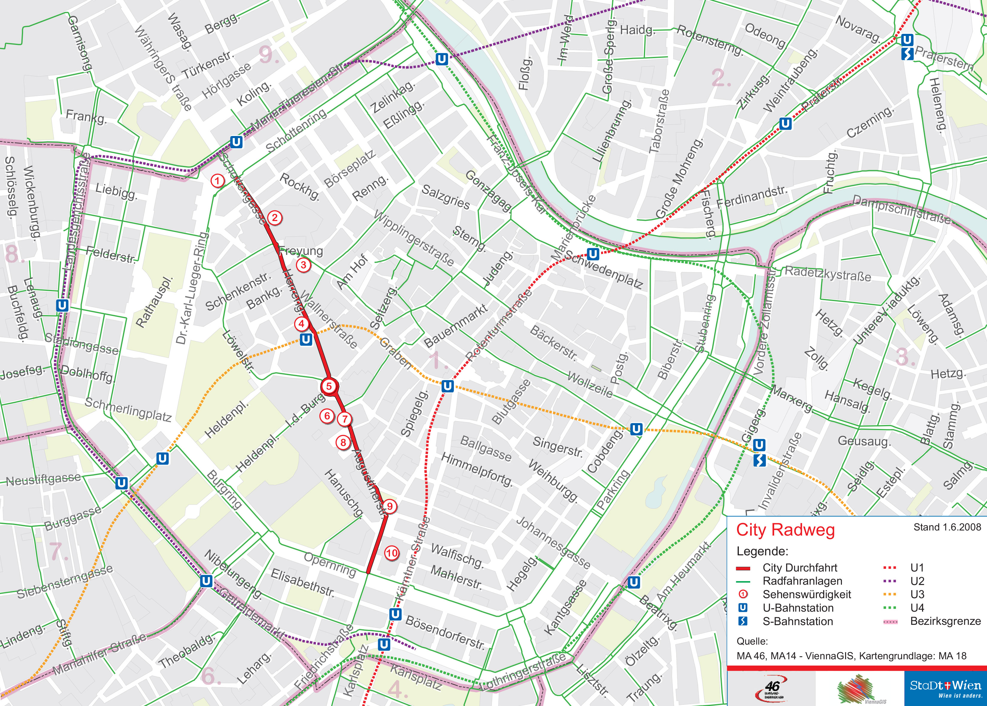 Karte und plan die radwege und stationen von Wien